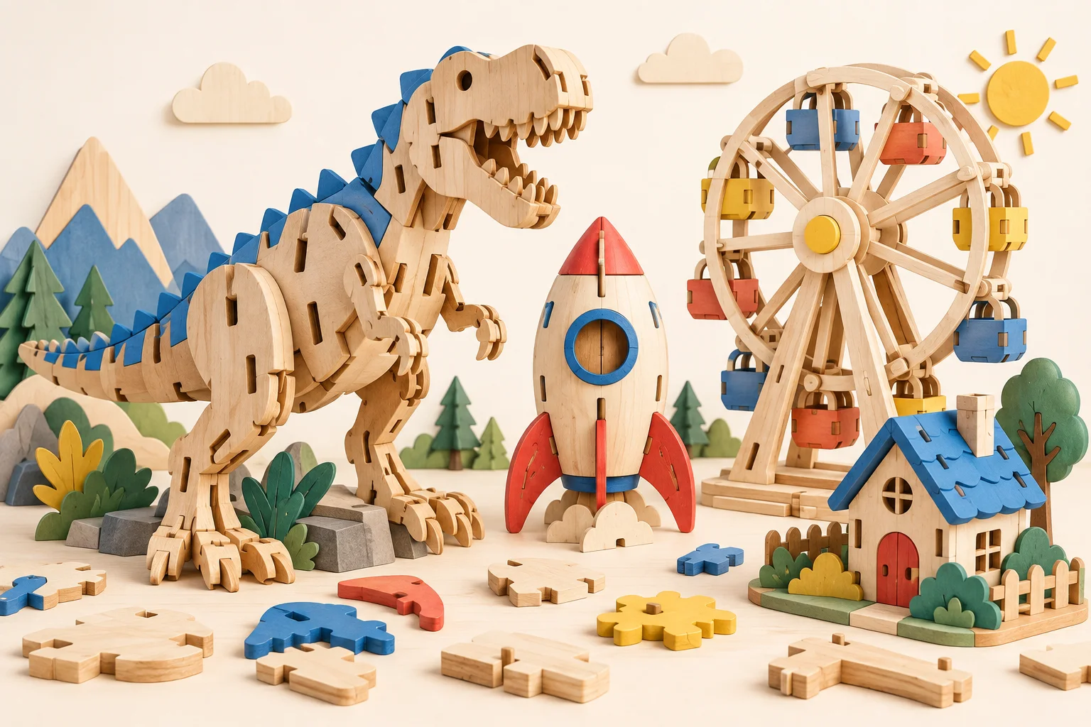 Univers imaginé de jouets à assembler : dinosaure, fusée, grande roue et maisonnette en bois
