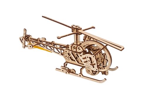 Puzzle 3D Ugears Hélicoptère en bois présenté comme une maquette à assembler