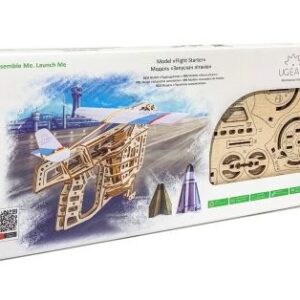 Puzzle 3D Ugears Flight Starter présenté comme une maquette mécanique à assembler