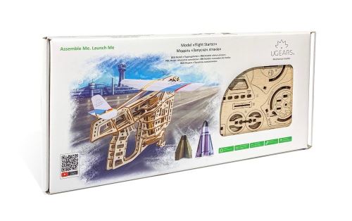Puzzle 3D Ugears Flight Starter présenté comme une maquette mécanique à assembler