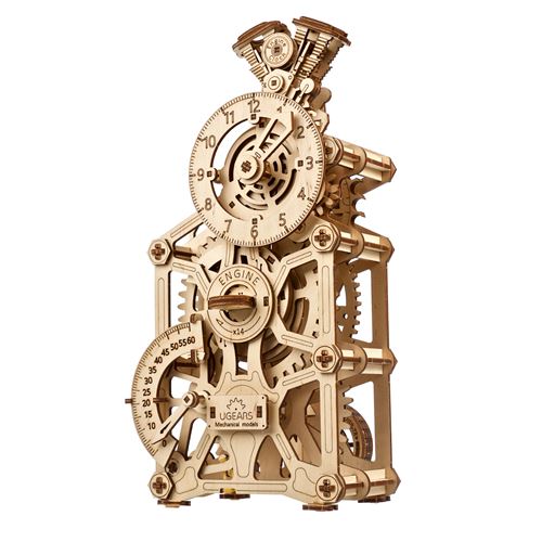 Puzzle 3D horloge à moteur en bois présenté comme une maquette à assembler