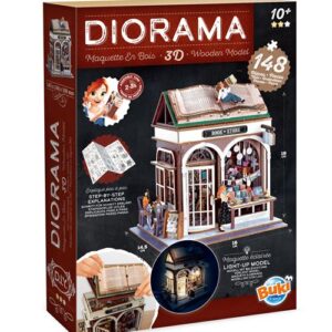 Maquette en bois Buki Diorama Librairie, décor miniature avec éclairage intérieur