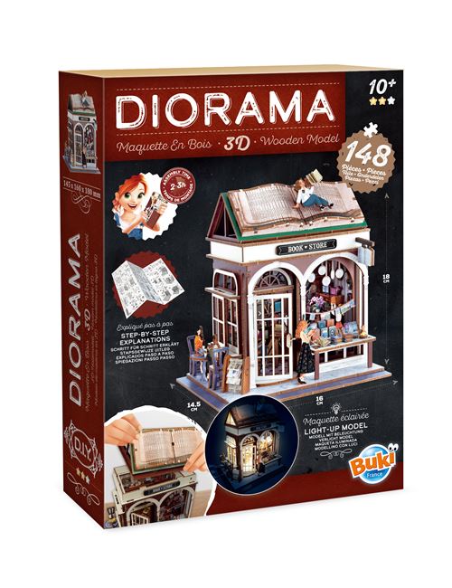 Maquette en bois Buki Diorama Librairie, décor miniature avec éclairage intérieur