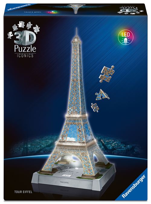 Puzzle 3D Tour Eiffel illuminée assemblé sur son socle à LEDs