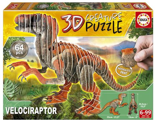 Puzzle 3D Educa Creature Velociraptor, modèle à assembler autour d’un dinosaure.