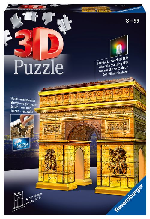 Puzzle 3D Ravensburger Arc de Triomphe assemblé avec socle lumineux à LED