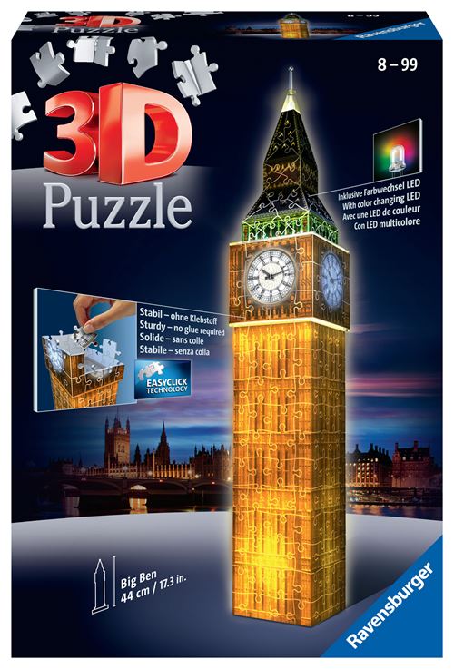 Puzzle 3D Big Ben illuminé représentant un monument londonien en volume