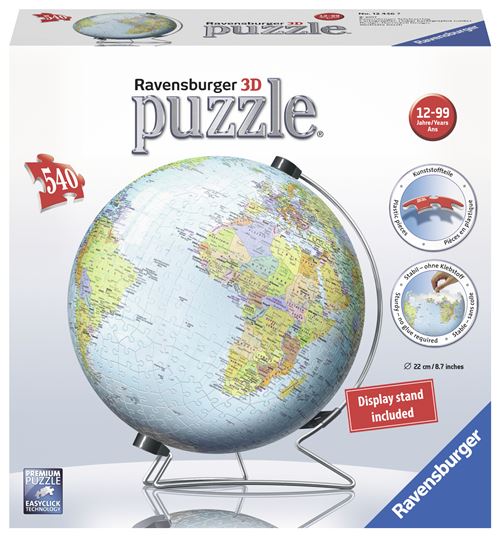Puzzle 3D globe Ravensburger assemblé en volume avec ses 540 pièces