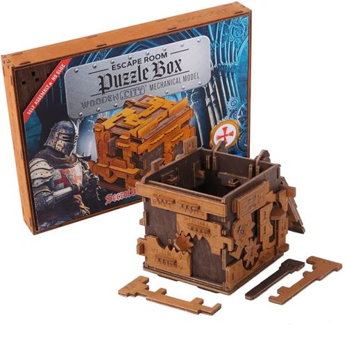 Puzzle 3D Escape Room en bois, présenté comme une boîte puzzle à assembler
