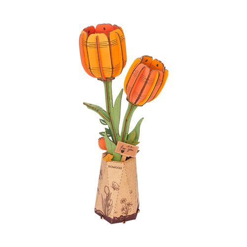 Puzzle 3D en bois Rowood Tulipes orange présenté comme composition florale en volume