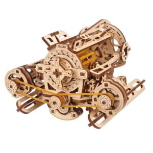 Puzzle 3D sous-marin steampunk en bois présenté comme maquette en volume